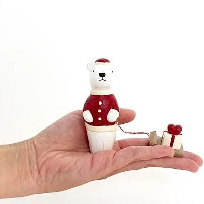 Figurine Ours polaire Père Noël avec cœur en bois, T-LAB